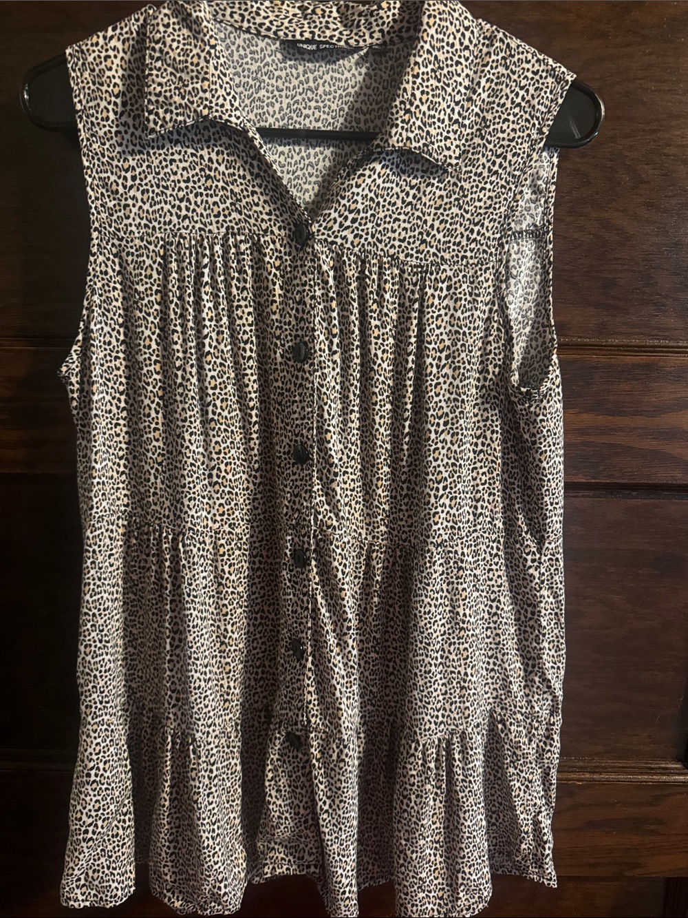 Unique Spectrum Beige and Black Leopard-Print Button Tiered Tunic, Size L